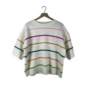 Bibi Half Sleeve Rainbow Stripe Crew Neck Sweater Women's Medium Neutral Fuzzy